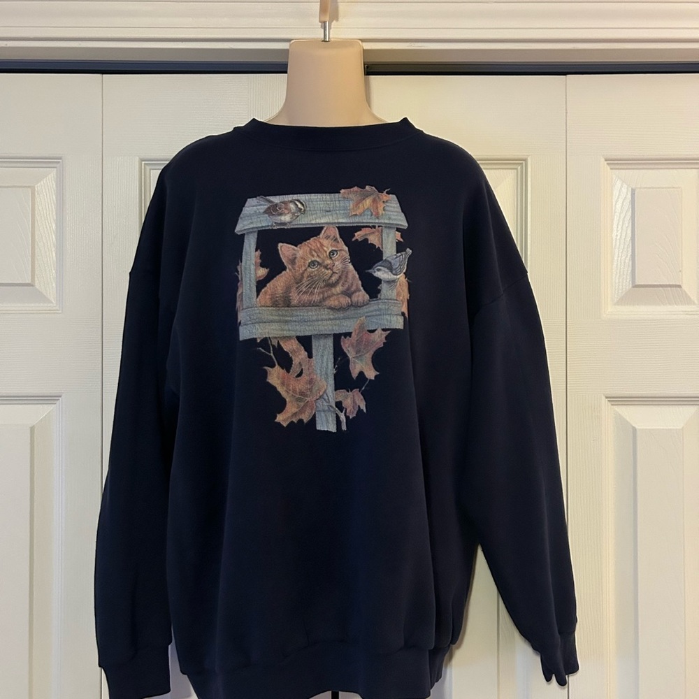 Tultex Men's Navy Sweater with Cat and Leaves Design